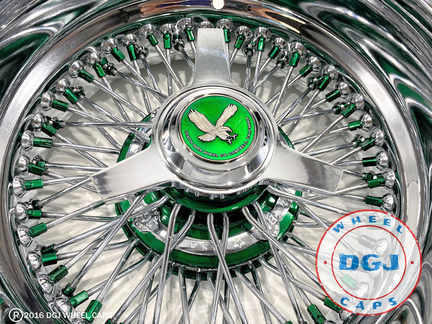 DGJ WHEEL 13x7 Rev 72 Cross Lace Candy Green Nipples & Hub Lowrider Wire Wheels