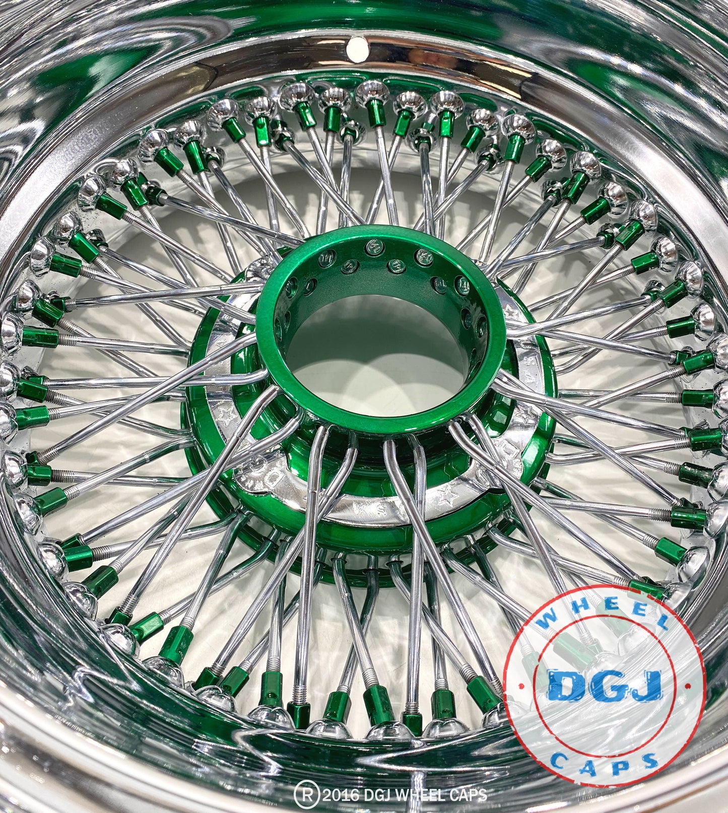 DGJ WHEEL 13x7 Rev 72 Cross Lace Candy Green Nipples & Hub Lowrider Wire Wheels