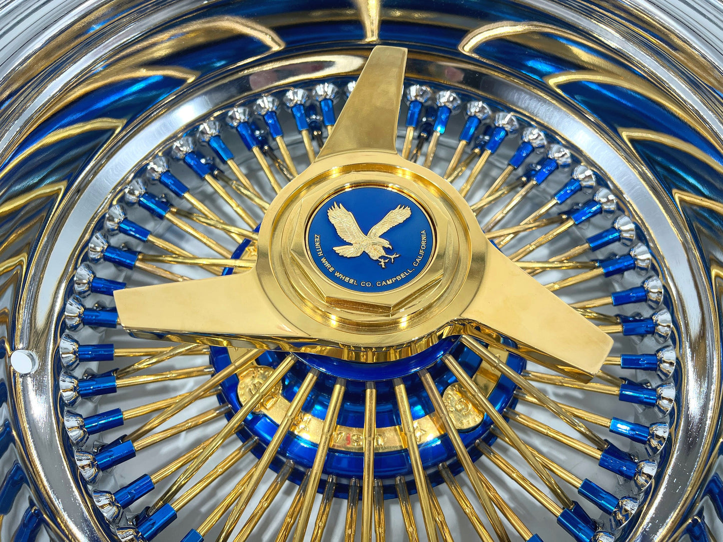DGJ WHEELS 13x7 Rev 72 Straight Lace Candy Blue & Gold Lowrider Wire Wheel Rims