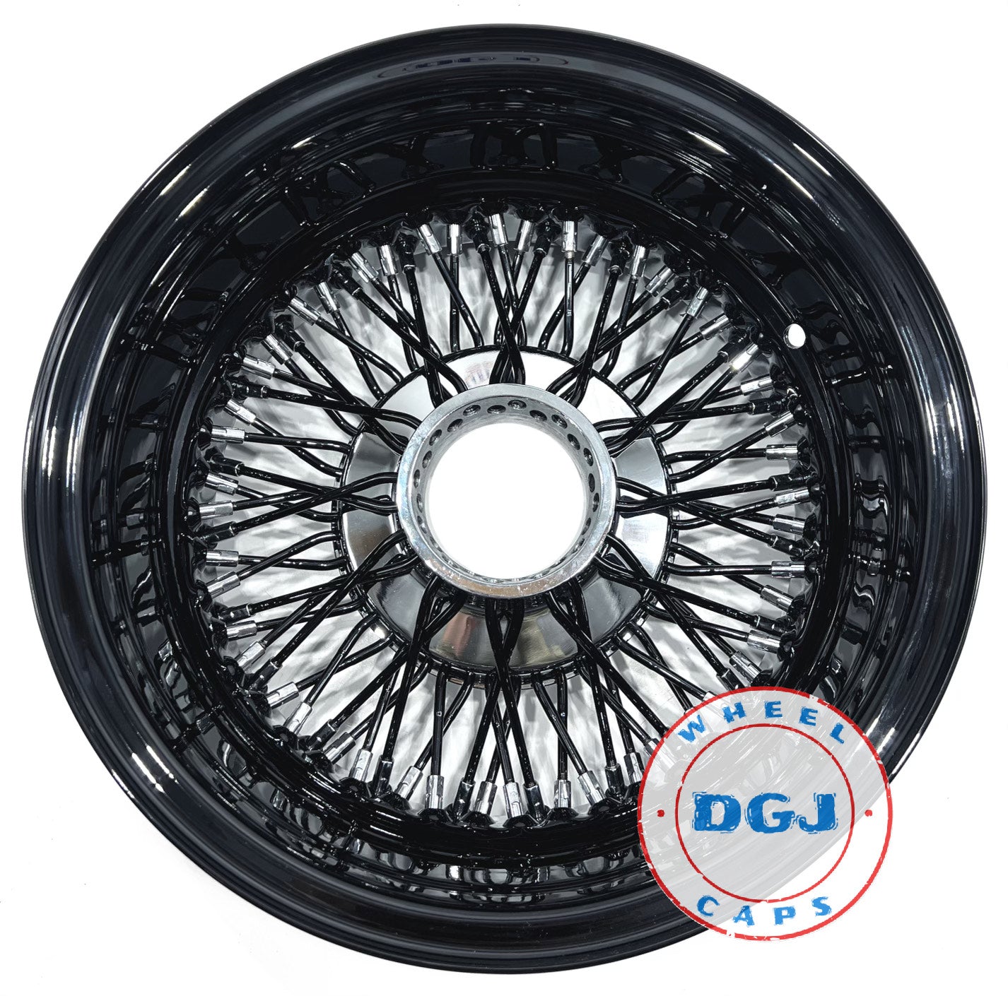 Lowrider Wire Wheels DGJ Wheel Caps 14x7 Rev 72 Cross Lace All Black + Chrome Nip & Hub Lowrider Wire Wheel Rims