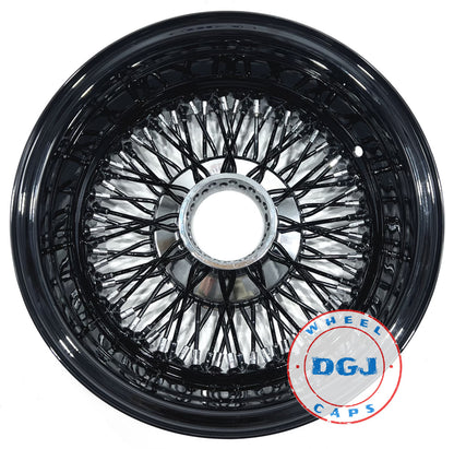 Lowrider Wire Wheels DGJ Wheel Caps 14x7 Rev 72 Cross Lace All Black + Chrome Nip & Hub Lowrider Wire Wheel Rims