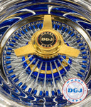 DGJ 14x7 Rev 72 Straight Candy Blue Nip+Hub & Gold Hub Ring Lowrider Wire Wheels