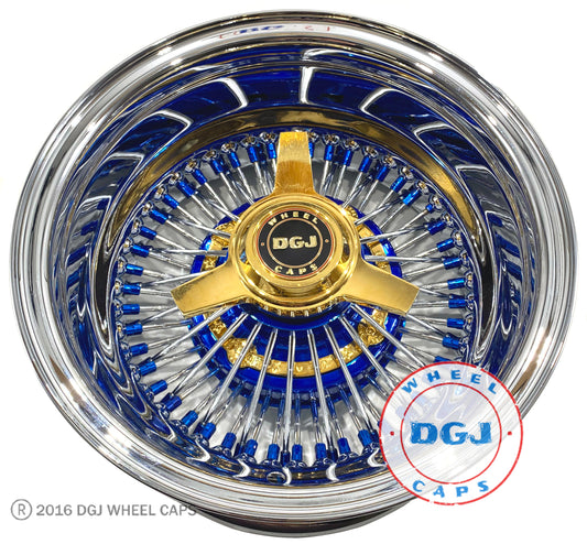 Lowrider Wire Wheels DGJ Wheel Caps DGJ 14x7 Rev 72 Straight Candy Blue Nip+Hub & Gold Hub Ring Lowrider Wire Wheels