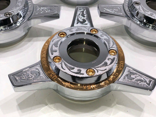 3 Bar Zenith Engraved Locking Style Chrome Knockoffs/Spinner Caps for Lowrider Wire Wheels with set of 5 Gold Locking Nut Screws and Gold Zenith Ring