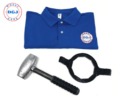 6Lbs Wire Wheel Knock Off Lead Hammer, Bullet Wrench and Blue Polo Shirt
