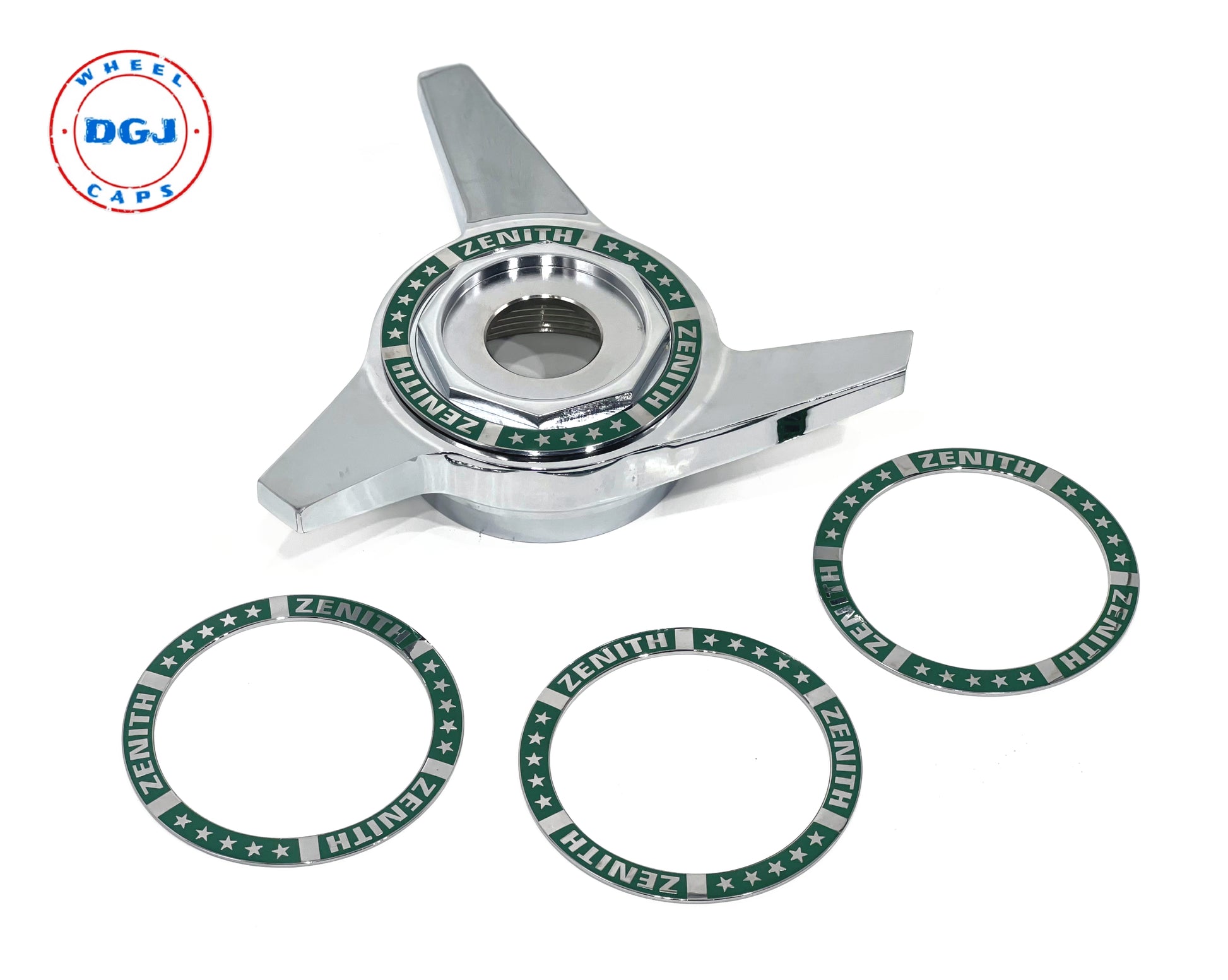 Superswept Zenith Green on Chrome Rings for Lowrider Wire Wheel Knockoffs